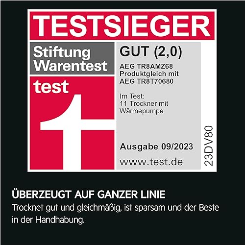AEG TR8AMZ68 Wärmepumpentrockner / Serie 8000 mit AbsoluteCare / Testsieger der Stiftung Warentest / 8,0 kg / A+++ / energiesparend / Mengenautomatik / Knitterschutz / Schontrommel / weiß - 2