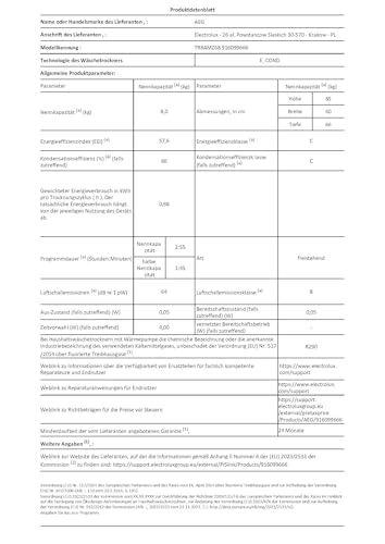 AEG TR8AMZ68 Wärmepumpentrockner / Serie 8000 mit AbsoluteCare / Testsieger der Stiftung Warentest / 8,0 kg / A+++ / energiesparend / Mengenautomatik / Knitterschutz / Schontrommel / weiß - 19