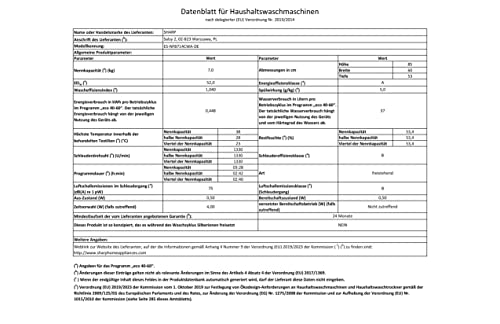 SHARP ES-NFB714CWA-DE Waschmaschine Frontlader/A / 7 kg / 1400 U/min/Advanced Inverter Motor/Dampf-Funktion / 15 Programme inkl. 12 min Kurzprogramm/AquaStop/Weiß - 11