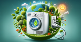 Kreative Illustration eines Wärmepumpentrockners im Einklang mit der Umwelt. Das Bild zeigt den Trockner mit einem Symbol für geringeren Energieverbrauch, umgeben von Elementen einer gesunden Umwelt wie Bäumen, Blumen und sauberer Luft. Dies unterstreicht den umweltfreundlichen Aspekt eines Wärmepumpentrockners durch seinen reduzierten Energieverbrauch und geringeren CO2-Fußabdruck. Das Gesamtthema vermittelt eine Botschaft des Umweltschutzes und der Nachhaltigkeit.