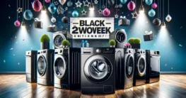 Festliche Collage verschiedener Wärmepumpentrockner-Modelle von Marken wie Bosch, Siemens, Miele, AEG und Beko, präsentiert in einem farbenfrohen Design mit Black Week und Cyber Monday Elementen, betonend auf das schlanke Design und die Technologie der Trockner.