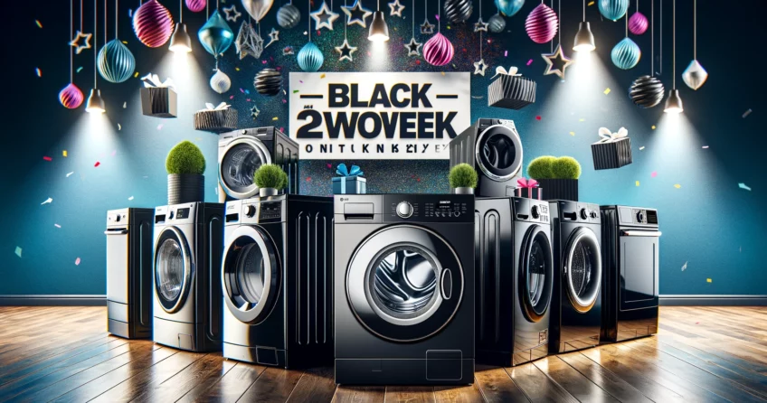Black Friday Week und Cyber Monday 2023: Top Deals für Wärmepumpentrockner, Ablufttrockner und Waschtrockner 1 Festliche Collage verschiedener Wärmepumpentrockner-Modelle von Marken wie Bosch, Siemens, Miele, AEG und Beko, präsentiert in einem farbenfrohen Design mit Black Week und Cyber Monday Elementen, betonend auf das schlanke Design und die Technologie der Trockner.